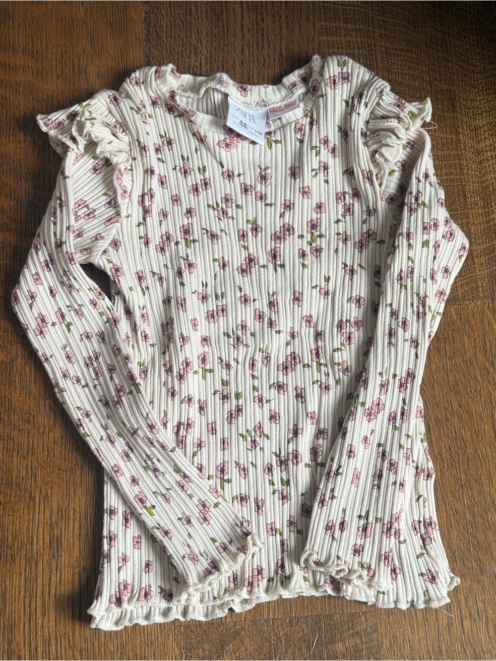 Zara Cream Ribbed Long-Sleeve Top with Pink Floral Print